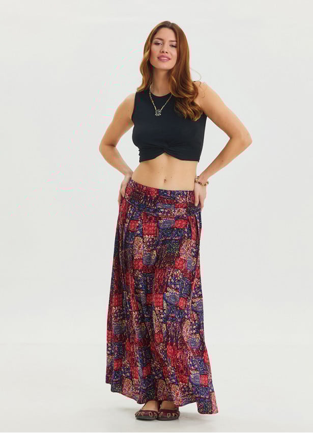 Red Ethnic Skirt with Elastic Waist and Drape Detail 4492